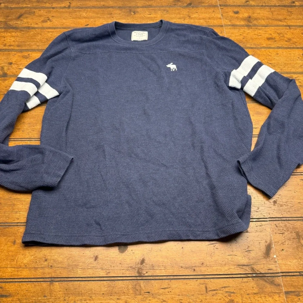 Abercrombie Fitch Mens Long Sleeve Navy Thermal Crewneck T Shirt Size L Moose - Picture 1 of 6